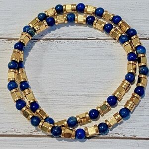 Stretchy Lapis Lazuli & Gold Hematite Double Wrap Bracelet